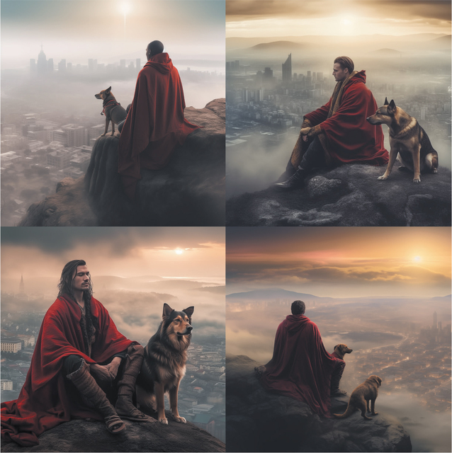 A set of four AI-generated photographs. These cinematic scenes show a male figure cloaked in a flowing red garment together with a large Alsatian-type dog. seated on rocky cliffs overlooking misty cityscapes. The artistic style is hyper-realistic with fantasy undertones. Warm golden light contrasts with cool grey haze, creating depth and drama. The palette blends muted earth tones, soft greys, and glowing amber skies, with the vivid red cloak.