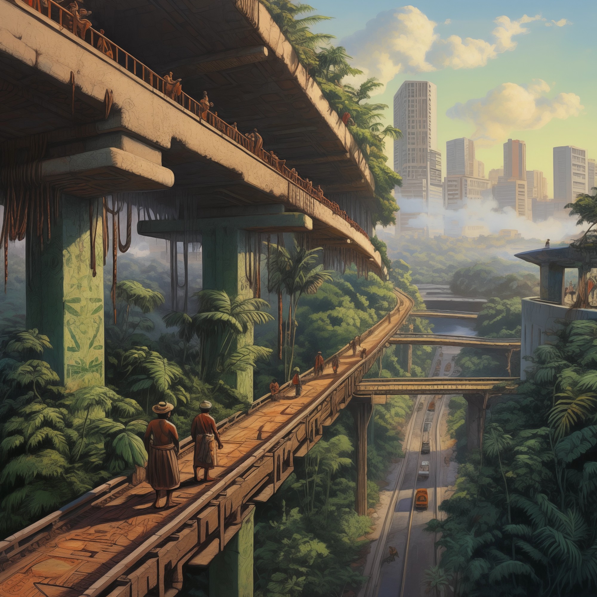Several figures walk along an elevated concrete overpass winding through dense tropical jungle, with two in traditional clothing prominent in the foreground. A second overpass runs above them. In the distance, tall city buildings rise through haze and clouds. Below, a road with vehicles cuts through the vegetation. The illustration-like composition blends urban infrastructure with lush green canopy.