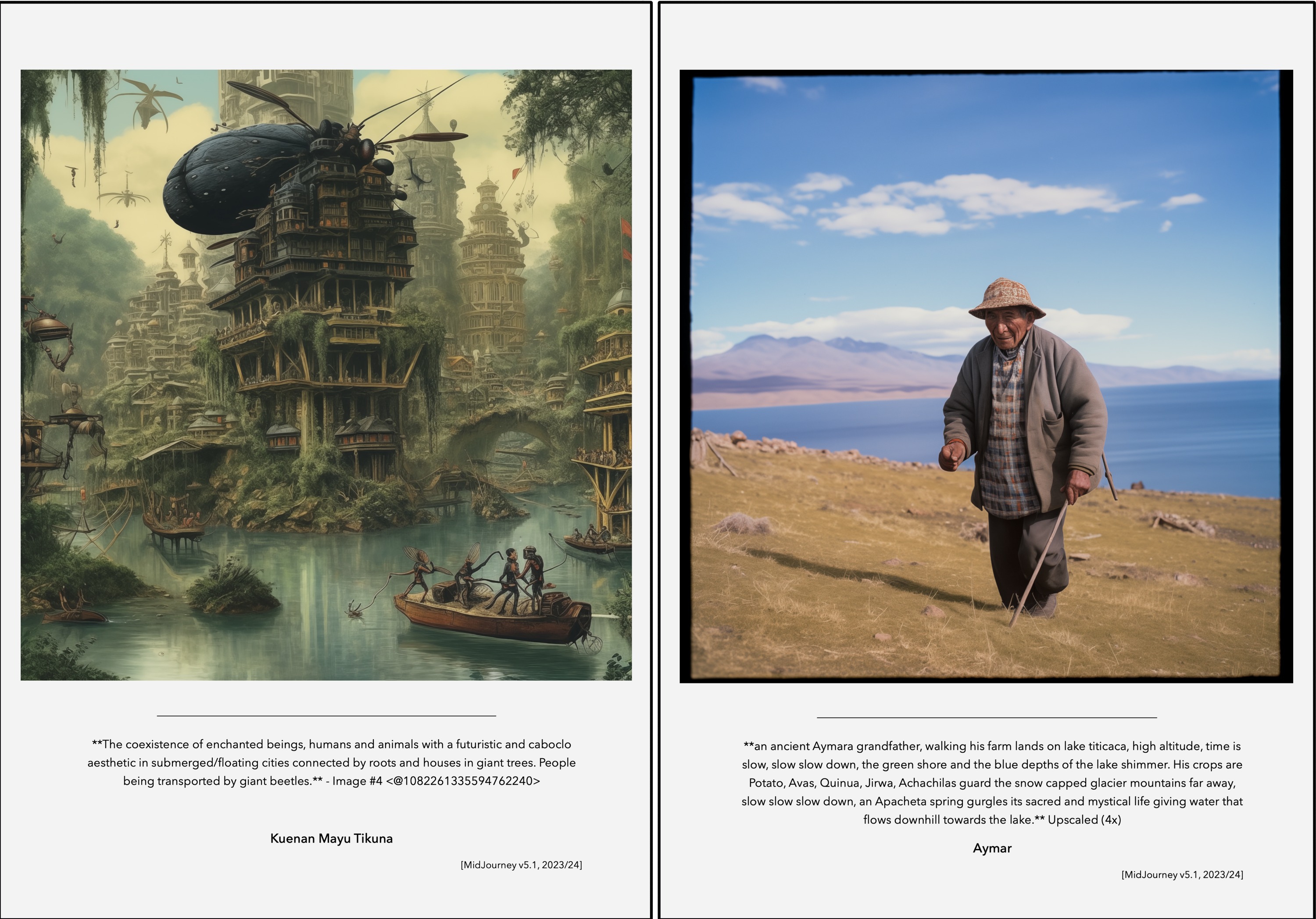Two posters each featuring an AI-generated image with the full text prompt underneath, the name of the Indigenous person who wrote the prompt and the date and version of Midjourney used laid out below. The AI image in the poster on the left, attributed to Kuenan Mayu Tikuna, shows a painting of fantastical scene of towering tree-like structures forming a submerged city connected by roots and bridges. Wooden houses cling to giant trunks, and boats float on green water. A massive black beetle with wings carries a platform of people above the city, while other insects and flying creatures move through misty air. The AI image in the poster on the right, attributed to Aymar, shows a photograph of an old Indigenous man walking across grassy highlands near a deep blue lake, with snow-capped mountains in the distance under a clear sky. He is wearing layered clothing and a wide-brimmed hat and is holding a stick in one hand.