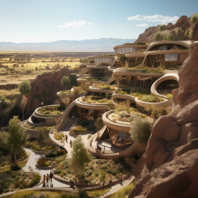 An aerial view of a terraced architectural complex built into red rock cliffs in an arid landscape. The buildings have organic curved forms with green roofs and integrated vegetation. Small human figures are visible on winding pathways. Mountains and plains stretch into the distance.