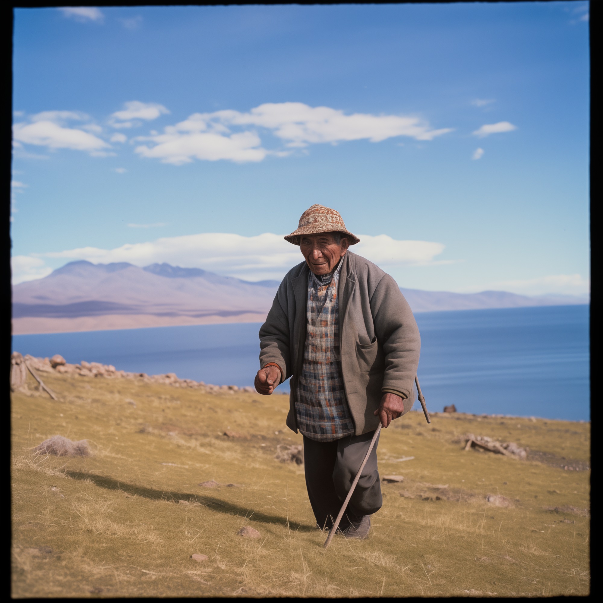 An elderly man in a woven hat, grey jacket, and plaid shirt walks with a thin cane across a grassy hillside. Behind him, a large blue lake stretches to distant mountains under a clear sky with scattered clouds. The image is photorealistic with slight vignetting at the edges, giving it a vintage photographic quality.