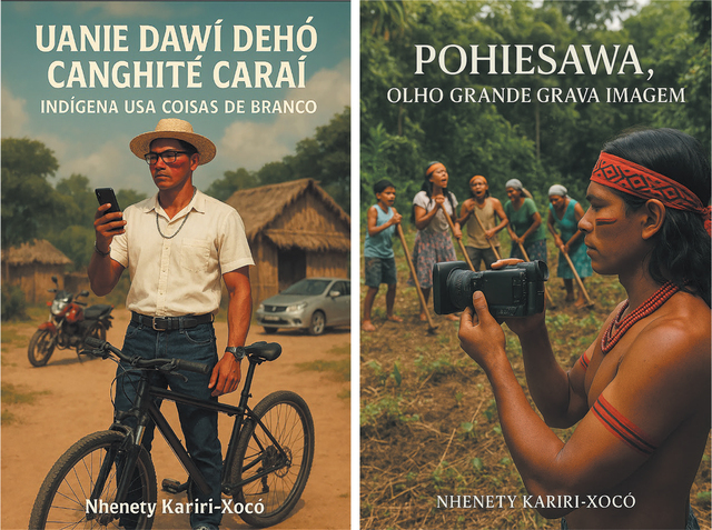 Left image: An AI-generated book cover titled Uanie dawí dehó canghité caraí: Indígena usa coisas de branco [Indigenous Person Uses White People’s Things] by Nhenety Kariri-Xocó. The photograph on the cover shows an Indigenous man standing outdoors holding a smartphone and resting one hand on a bicycle. He is wearing a light-coloured shirt, jeans, a straw hat, and a beaded necklace. Behind are thatched-roof huts, a motorcycle, and a car on a dirt ground under a clear sky. Right image: An AI-generated book cover titled Pohiesawa, olho grande grava imagem [Big Eye Records Images] by Nhenety Kariri-Xocó. The photograph on the cover depicts, in the foreground, a bare-chested Indigenous man in profile and holding a video camera. He is wearing a red and black woven headband, a red beaded necklace and red and black body paint on his arms and face. In the background, a group of people stand in a clearing with hoes, surrounded by dense green forest.