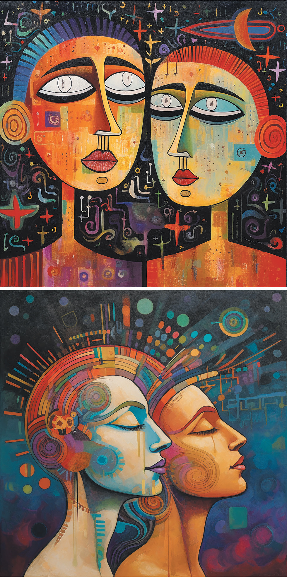 Top image: AI-generated abstract painting depicting two stylized human figures shown head and shoulders only. Both figures are outlined with bold, geometric shapes and vibrant colours – reds, oranges, blues, and purples – against a dark background filled with cosmic motifs like stars, crosses, spirals, and a crescent moon. Intricate patterns and symbols decorate the lower section. Bottom image: AI-generated abstract painting showing two stylized human heads in profile, facing right. The figures have their eyes closed and there are flowing, multi-coloured lines radiating outwards from them like hair or energy beams. The background features geometric shapes and circular patterns in blues, oranges, and purples.