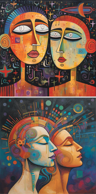 Top image: AI-generated abstract painting depicting two stylized human figures shown head and shoulders only. Both figures are outlined with bold, geometric shapes and vibrant colours – reds, oranges, blues, and purples – against a dark background filled with cosmic motifs like stars, crosses, spirals, and a crescent moon. Intricate patterns and symbols decorate the lower section. Bottom image: AI-generated abstract painting showing two stylized human heads in profile, facing right. The figures have their eyes closed and there are flowing, multi-coloured lines radiating outwards from them like hair or energy beams. The background features geometric shapes and circular patterns in blues, oranges, and purples.
