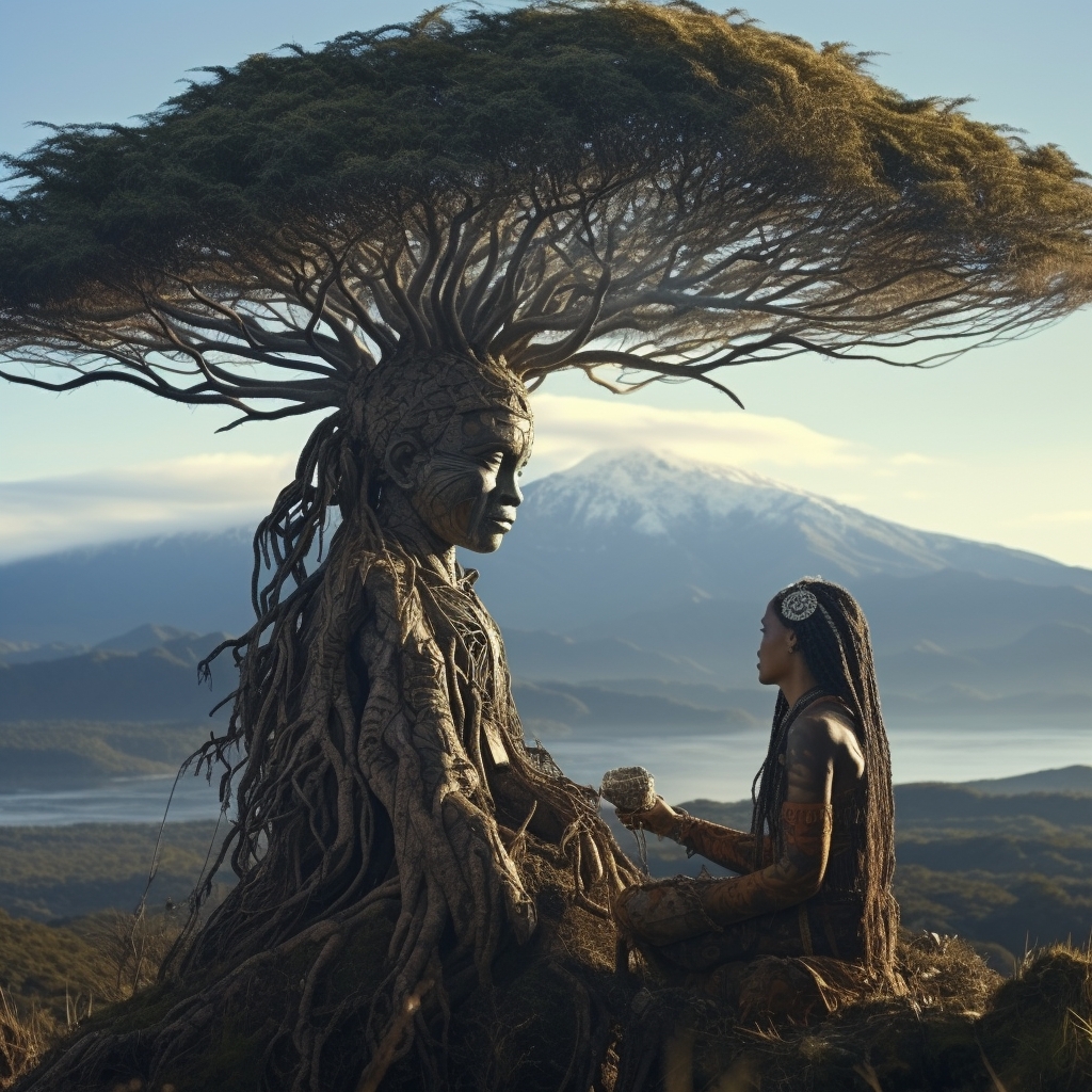A large anthropomorphic tree figure with a human face and root-like body sits on a hilltop beside a young woman with long braided hair and body markings. The tree's branches form a canopy above. A snow-capped mountain and lake are visible in the background under a clear sky.