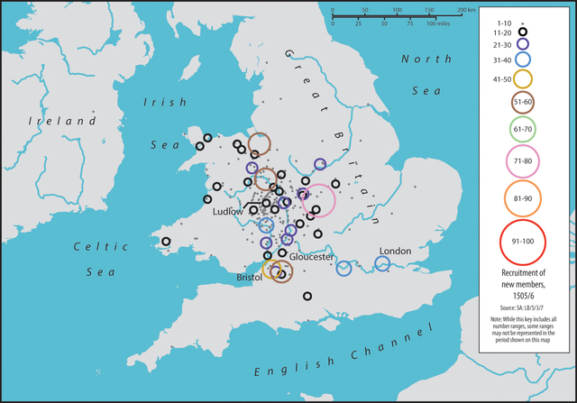 Map 0.8. A map of Great Britain and Ireland. Circles of varying sizes demonstrate the number of new recruits of the Palmers' Guild in 1505/6. Chester and Shrewsbury have between 51 and 60 new recruits, while Coventry has between 71 and 80.