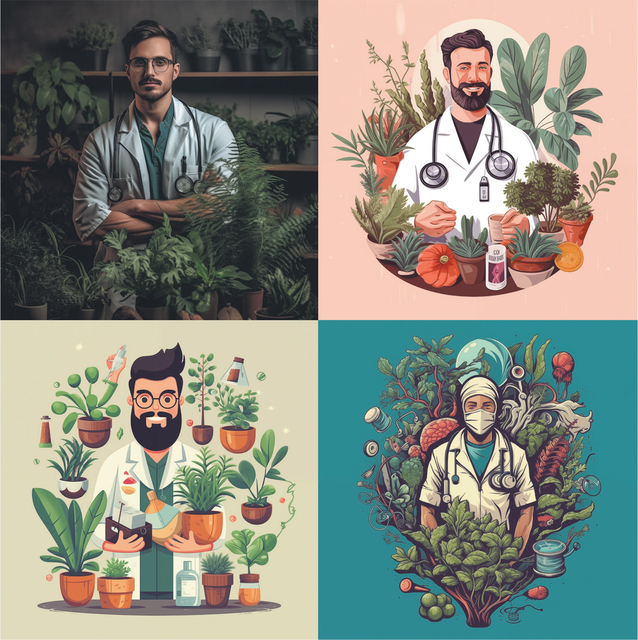 A set of four AI-generated images depicting a bearded white man wearing a white medical coat and stethoscope surrounded by lush plants. The top-left image is a realistic photograph with deep green foliage and warm, moody lighting. The other three are stylized illustrations blending botanical and medical themes: vibrant compositions with earthy greens, terracotta pots, and muted pastel backgrounds.
