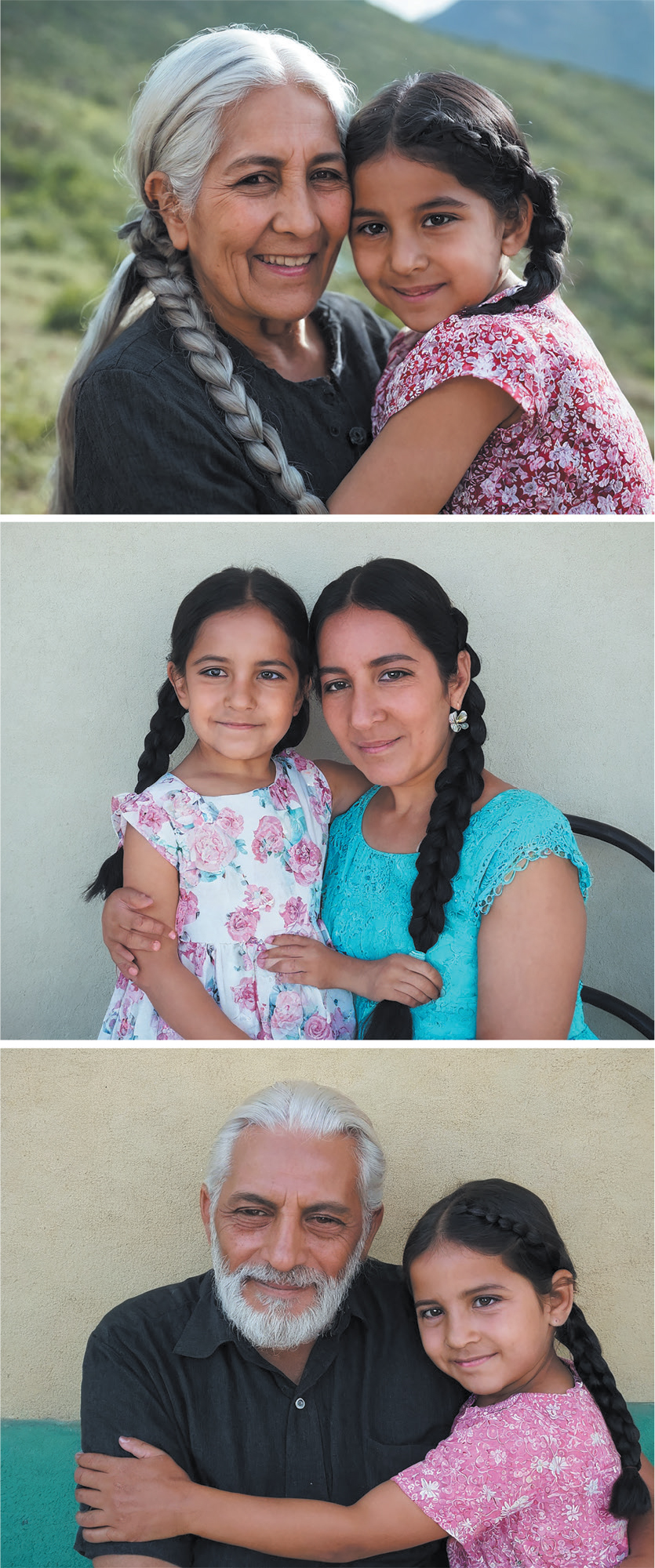 Three AI-generated photographs showing close intergenerational family interactions in simple, natural or domestic settings. Top image: An older Indigenous woman with long silver braids and a black top embraces a young Indigenous girl with dark braided hair, both outdoors against a green mountainous landscape. Middle image: An Indigenous mother (right) and daughter (left) with long dark braids sit close together, arms gently around each other. The daughter is wearing a bright floral dress; the mother a turquoise top. There are AI hallucinations in relation to the hands. Bottom image: An older Indigenous man person with silver hair and a dark shirt sits beside a young Indigenous girl in a pink floral dress, the child’s arm wrapped around the adult in a gesture of closeness.