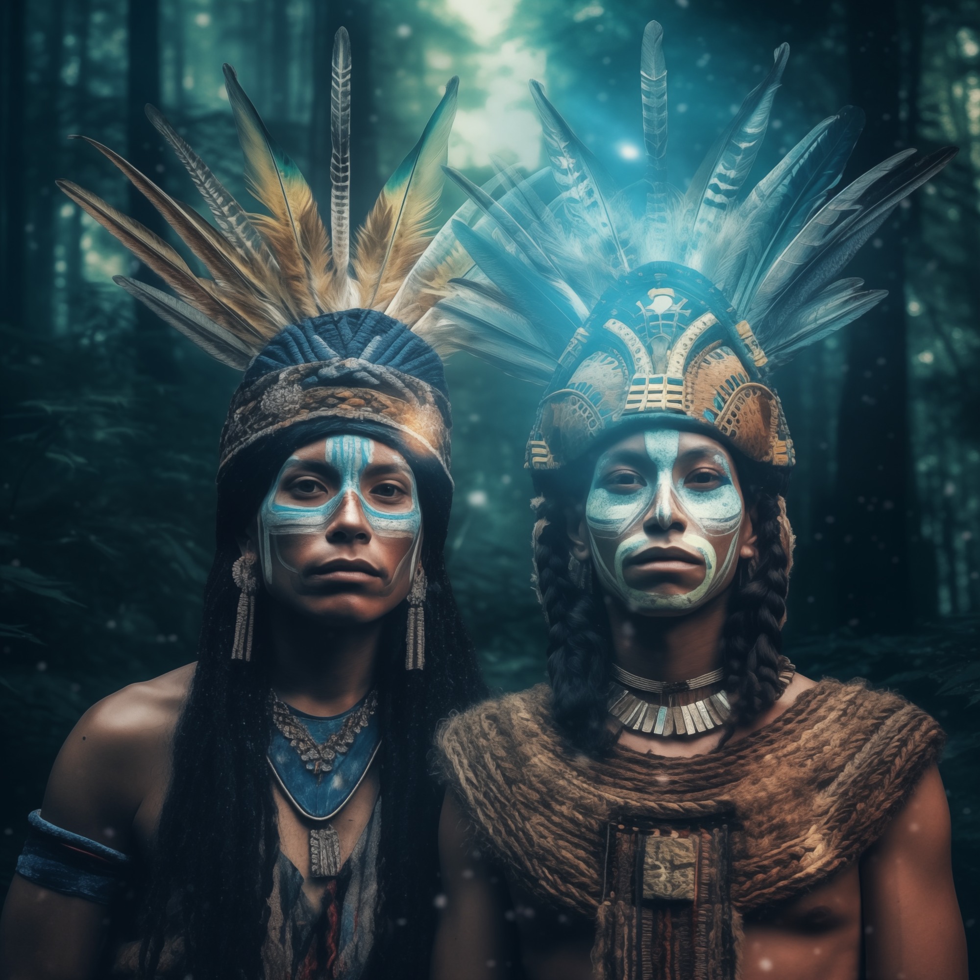 Two figures stand side by side against a dark forest backdrop with an ethereal blue glow between them. Both wear tall feathered headdresses and white and blue facial paint in geometric patterns. The figure on the left wears a beaded necklace with long dark hair; the one on the right wears a woven garment with braids. Their facial features are notably similar, almost androgynous.