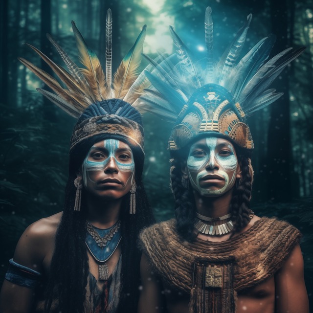 Two figures stand side by side against a dark forest backdrop with an ethereal blue glow between them. Both wear tall feathered headdresses and white and blue facial paint in geometric patterns. The figure on the left wears a beaded necklace with long dark hair; the one on the right wears a woven garment with braids. Their facial features are notably similar, almost androgynous.