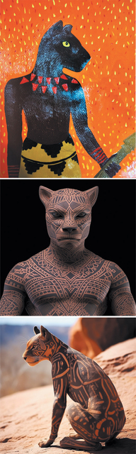 Top image: Oil painting of a humanoid figure with the head of a black panther, shown in profile against a bright orange background with yellow teardrop-like patterns. The figure has a muscular torso, wears a necklace of red triangular shapes, a patterned yellow and black garment, and holds a wooden staff. Middle image: AI-generated photograph of a head-and-shoulders portrait, facing straight to camera, of a figure with prominent cat-like ears and an upper body covered in intricate geometric tattoos in black and brown tones. The symmetrical patterns span the chest, shoulders, and arms, creating a striking design reminiscent of Indigenous bodypainting. The background is solid black, emphasizing the details of the figure. Bottom image: AI-generated photograph of a sleek, feline-like creature sitting on a rocky surface in an outdoor setting, facing to the left, looking out over a desert landscape in the background. Its body is covered in intricate, symmetrical patterns in dark and light tones reminiscent of Indigenous body painting, creating a striking contrast against its natural form. The lighting emphasizes the contours and detailed markings.