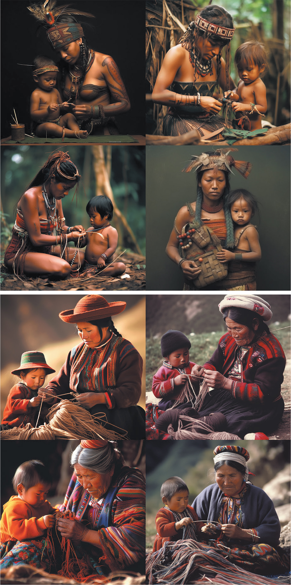 Two sets of four AI-generated photographs. The top set shows a young mother and an infant child, often working on some kind of craft. Two of the images are in outdoor settings, in the rainforest, with the figures sitting on the ground. Two look to be more studio images with neutral backgrounds. The individuals are wearing clothing, headdresses, jewellery and bodypainting or tattoos reminiscent of Amazonian Indigenous groups. The bottom set shows a woman – often an old woman – and a very young child sitting outdoors, weaving fibres together. Each pair is wearing vibrant, traditional-looking Andean clothing with multicoloured stripes and intricate patterns. They handle long strands of natural material, focusing on their craftwork, against soft, mountainous backgrounds.