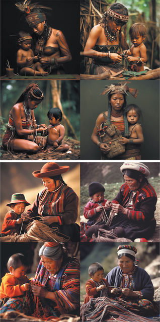 Two sets of four AI-generated photographs. The top set shows a young mother and an infant child, often working on some kind of craft. Two of the images are in outdoor settings, in the rainforest, with the figures sitting on the ground. Two look to be more studio images with neutral backgrounds. The individuals are wearing clothing, headdresses, jewellery and bodypainting or tattoos reminiscent of Amazonian Indigenous groups. The bottom set shows a woman – often an old woman – and a very young child sitting outdoors, weaving fibres together. Each pair is wearing vibrant, traditional-looking Andean clothing with multicoloured stripes and intricate patterns. They handle long strands of natural material, focusing on their craftwork, against soft, mountainous backgrounds.