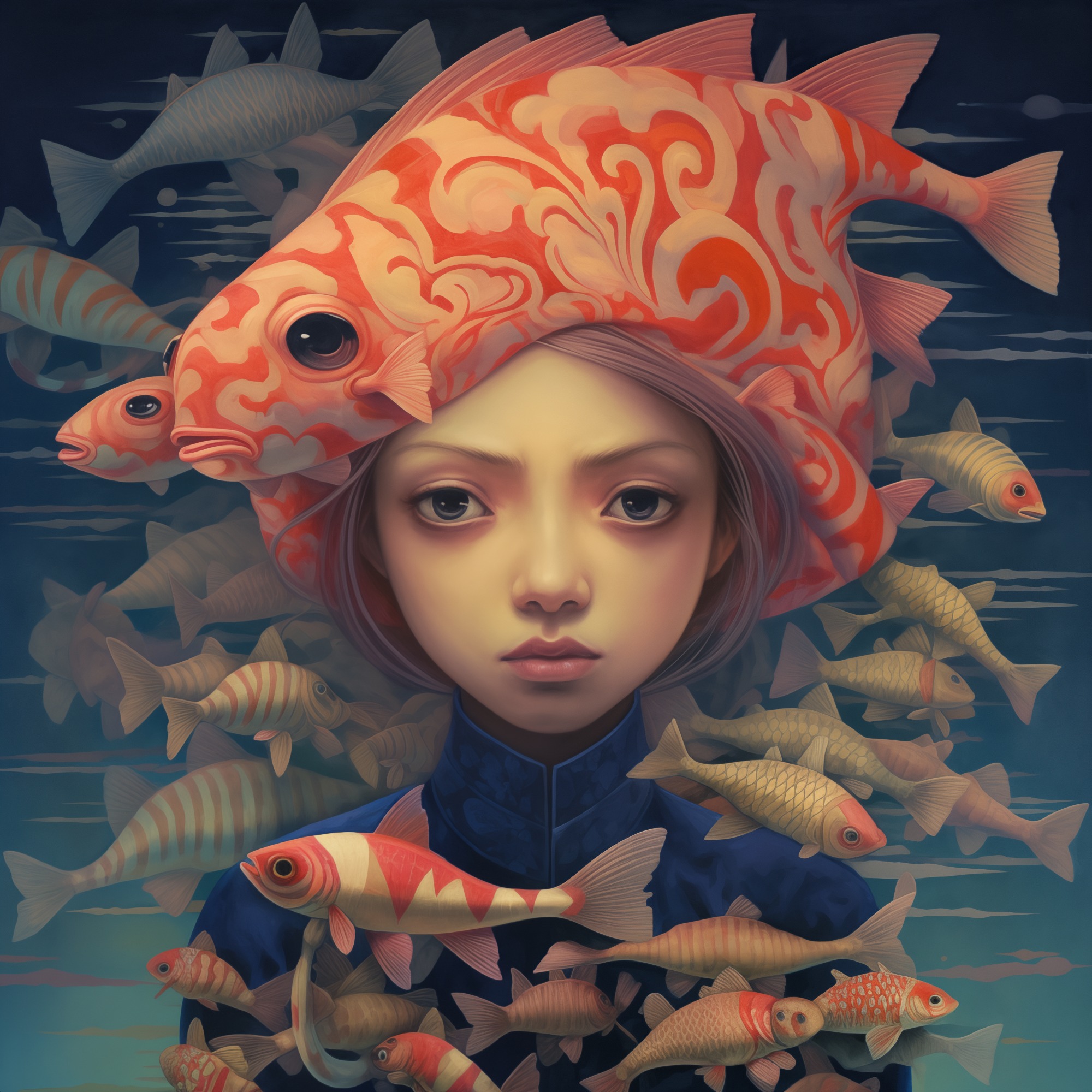 A stylised portrait of a figure with large dark eyes and short pink-tinted hair, wearing a dark blue high-collared garment. A large ornamental fish with swirling orange patterns rests on their head. Numerous smaller fish in orange, gold, and grey swim around the figure against a deep blue background. The style resembles contemporary pop surrealist illustration.