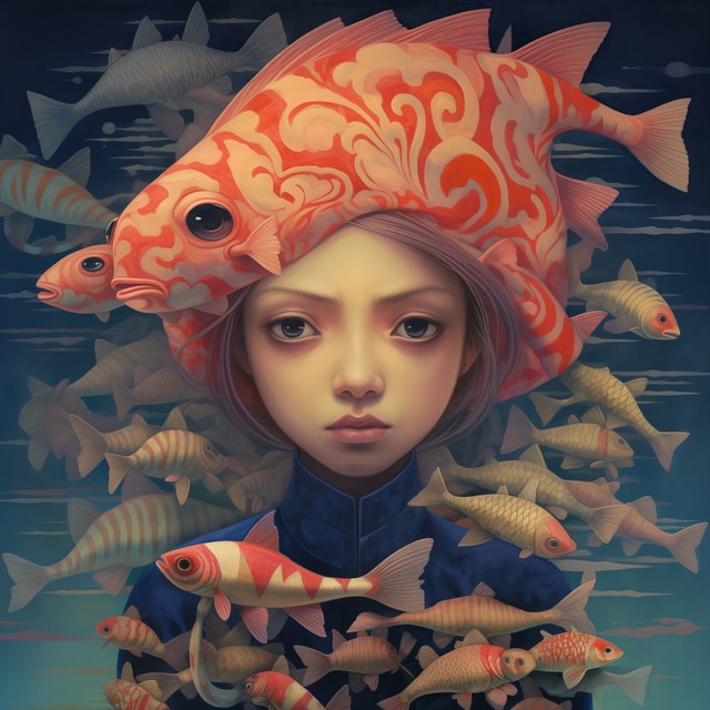 A stylised portrait of a figure with large dark eyes and short pink-tinted hair, wearing a dark blue high-collared garment. A large ornamental fish with swirling orange patterns rests on their head. Numerous smaller fish in orange, gold, and grey swim around the figure against a deep blue background. The style resembles contemporary pop surrealist illustration.