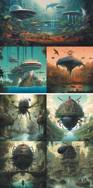 Top image: An AI-generated illustration, in the style of retro-futuristic concept art, featuring a lush rainforest with clear pools and misty light, where multiple disk‑shaped platforms hover like UFOs above water and trees. Waterfalls spill from some structures, while small craft glide between them. A lone figure stands on a red earth bank, emphasising the scale of this futuristic settlement that is deeply embedded within its natural environment. The palette is dominated by cool greens and teals. Bottom image: An AI-generated illustration of a river canyon dense with vegetation and stilted wooden towers. Huge beetle‑shaped airships – each carrying clustered buildings and cables – float above waterways and bridges. Boats and pedestrians move below, suggesting trade and travel. The scene blends organic forms and intricate machinery, creating a whimsical steampunk ecosystem suspended over a jungle city. The palette combines muted greens and browns with touches of reds and metallic greys.