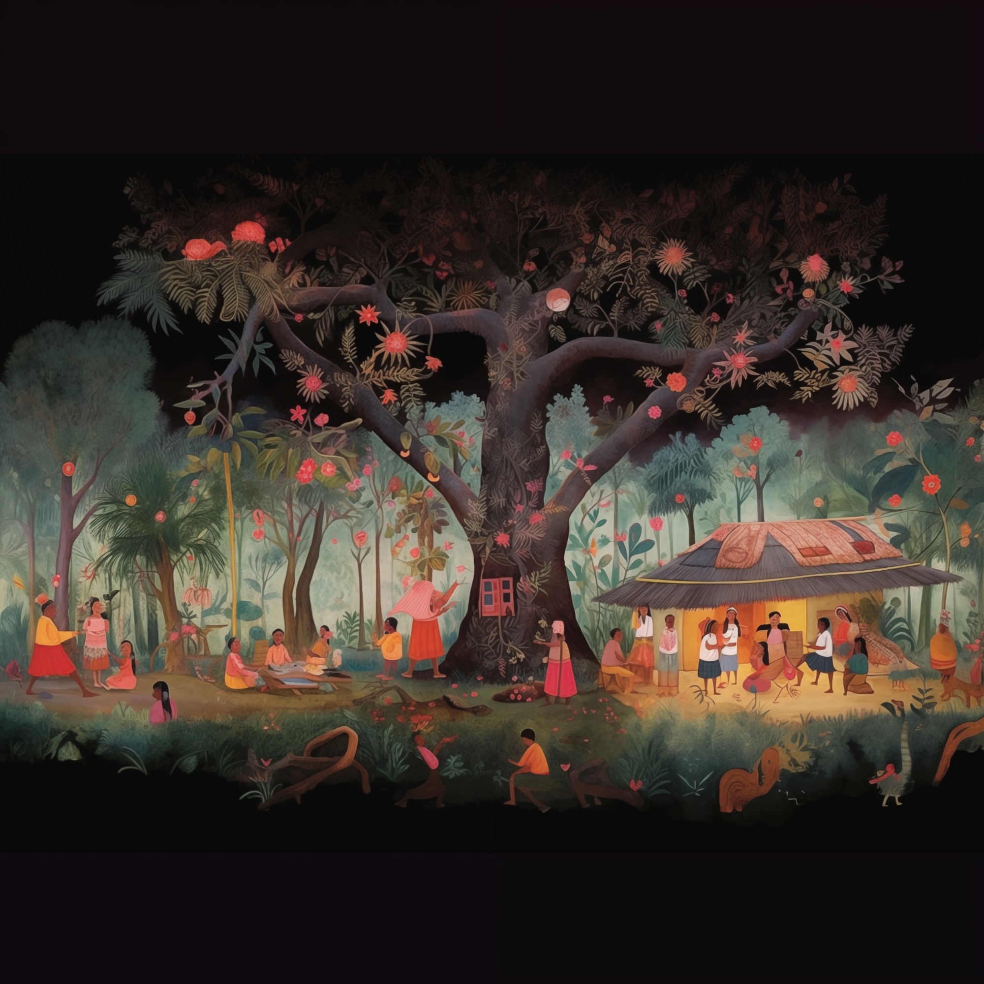 A night scene centred on a large flowering tree with spreading branches against a dark sky. Groups of people in colourful clothing gather beneath it and around a thatched-roof circular house to the right. Some sit in conversation, others stand or tend to activities. Animals are visible in the foreground. The style is painting-like and richly detailed, with warm pockets of light against the dark background.