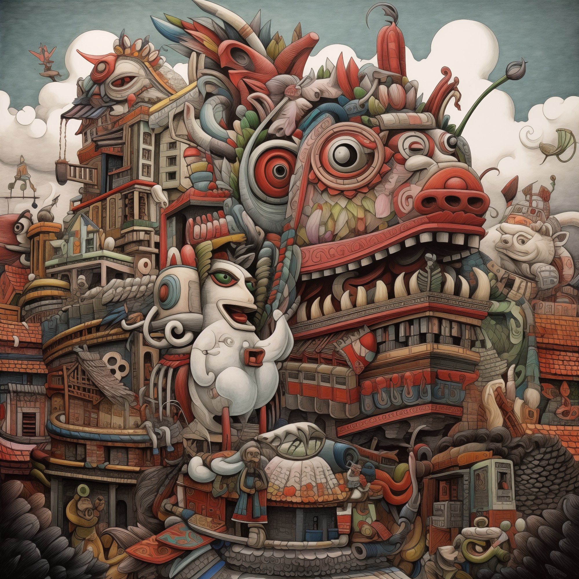 A densely packed illustration of fantastical mask-like faces, buildings, and creature forms merged together into a single towering composition. A large red open-mouthed face with spiral eyes dominates the right side, surrounded by smaller masked figures, architectural elements, birds, and ornamental details. The style is intricate and carnival-like, with muted reds, blues, greens, and browns against a cloudy sky.