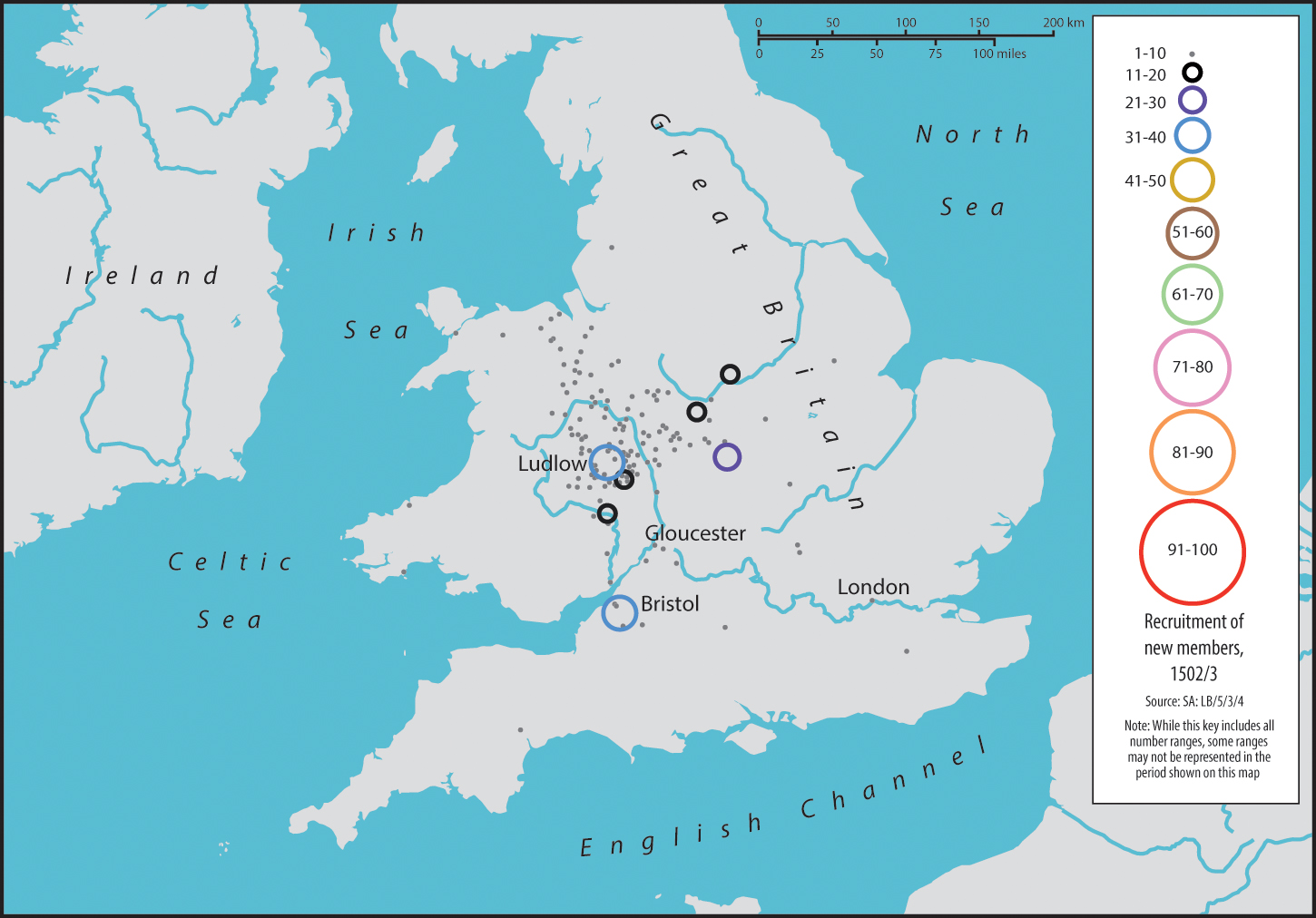 Map 0.5. A map of Great Britain and Ireland. Circles of varying sizes demonstrate the number of new recruits of the Palmers' Guild in 1502/3. Ludlow and Bristol have the largest circles, with 31-40 new recruits. Gloucester and London are also labelled, although they each have less than 10 new recruits.