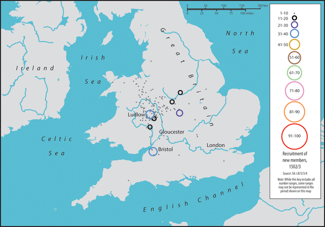 Map 0.5. A map of Great Britain and Ireland. Circles of varying sizes demonstrate the number of new recruits of the Palmers' Guild in 1502/3. Ludlow and Bristol have the largest circles, with 31-40 new recruits. Gloucester and London are also labelled, although they each have less than 10 new recruits.