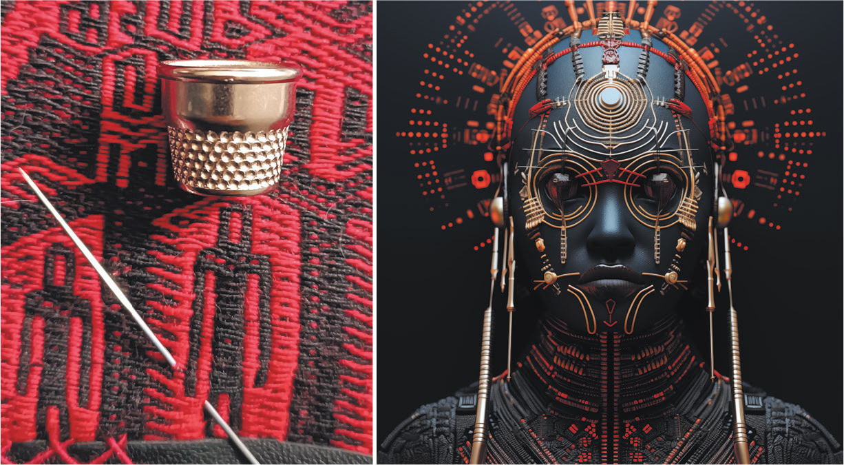 Left image: Photograph showing a close-up of a silver thimble (top right of image) placed on a red and black woven textile featuring geometric, human-like patterns. A needle lies diagonally across the fabric (bottom left), suggesting a handcraft or embroidery setting. Right image: AI-generated photograph showing head-and-shoulders shot of a futuristic-looking statue with dark black skin and lots gold and silver wire and red and black intricate beaded adornments over the face and on the clothing including around the neck and a halo-like effect of lines of red dots emanating from the head against a black background.