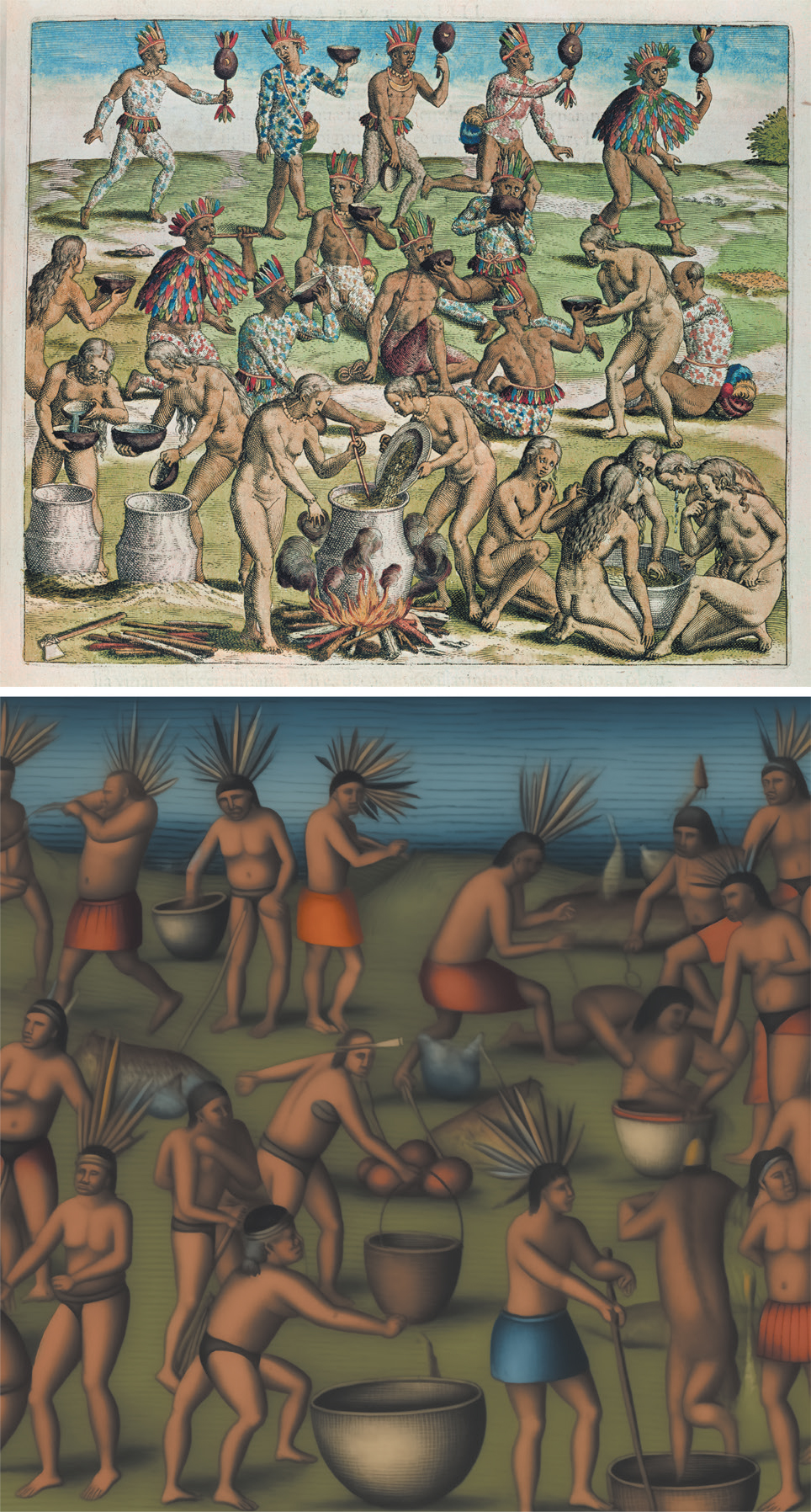 Top image: A historical coloured engraving depicting a communal scene of Indigenous people engaged in food preparation and social activities outdoors. Figures wear colourful feathered headdresses and patterned garments, while others are unclothed. Several individuals stir large pots over an open fire, while others kneel and mix ingredients in bowls. In the background, people stand holding gourds and musical instruments, suggesting a festive or ritual context. The setting appears grassy with a blue sky in the background. Bottom image: An AI-generated image of a stylised painting showing a group of Indigenous people gathered on green terrain near a body of water. Figures wear simple garments or loincloths and distinctive feathered headdresses. One figure is entirely naked although this and others evidence AI hallucinations in their configuration. The people are actively involved in communal tasks, including stirring large vessels, carrying bowls, and handling round objects resembling gourds or fruits. The style evidences smooth, muted tones and soft shading. The background features what appears to be calm blue water.