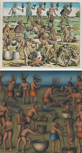 Top image: A historical coloured engraving depicting a communal scene of Indigenous people engaged in food preparation and social activities outdoors. Figures wear colourful feathered headdresses and patterned garments, while others are unclothed. Several individuals stir large pots over an open fire, while others kneel and mix ingredients in bowls. In the background, people stand holding gourds and musical instruments, suggesting a festive or ritual context. The setting appears grassy with a blue sky in the background. Bottom image: An AI-generated image of a stylised painting showing a group of Indigenous people gathered on green terrain near a body of water. Figures wear simple garments or loincloths and distinctive feathered headdresses. One figure is entirely naked although this and others evidence AI hallucinations in their configuration. The people are actively involved in communal tasks, including stirring large vessels, carrying bowls, and handling round objects resembling gourds or fruits. The style evidences smooth, muted tones and soft shading. The background features what appears to be calm blue water.