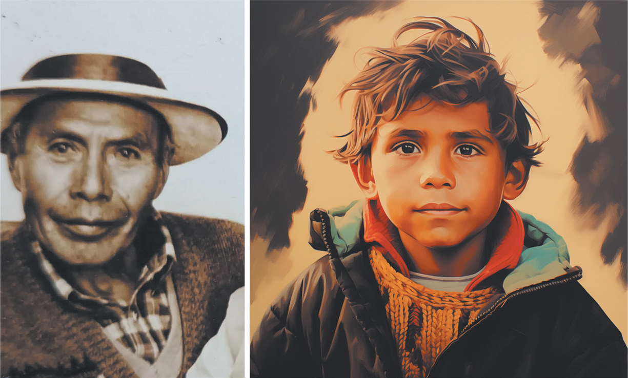 Left image: Sepia-toned photograph of a middle-aged man wearing a wide-brimmed hat, a checkered shirt, and a knitted vest. The image has a vintage feel, with soft lighting and a plain background, emphasizing the textured clothing and peasant style. Right image: AI-generated drawing of a boy aged around nine – head and shoulders, facing straight towards viewer – wearing a thick dark jacket with a teal-lined hood and a chunky mustard-yellow knitted sweater underneath. The hair is tousled and windswept, with a warm beige background featuring soft, painterly brushstrokes that create a textured, artistic effect.