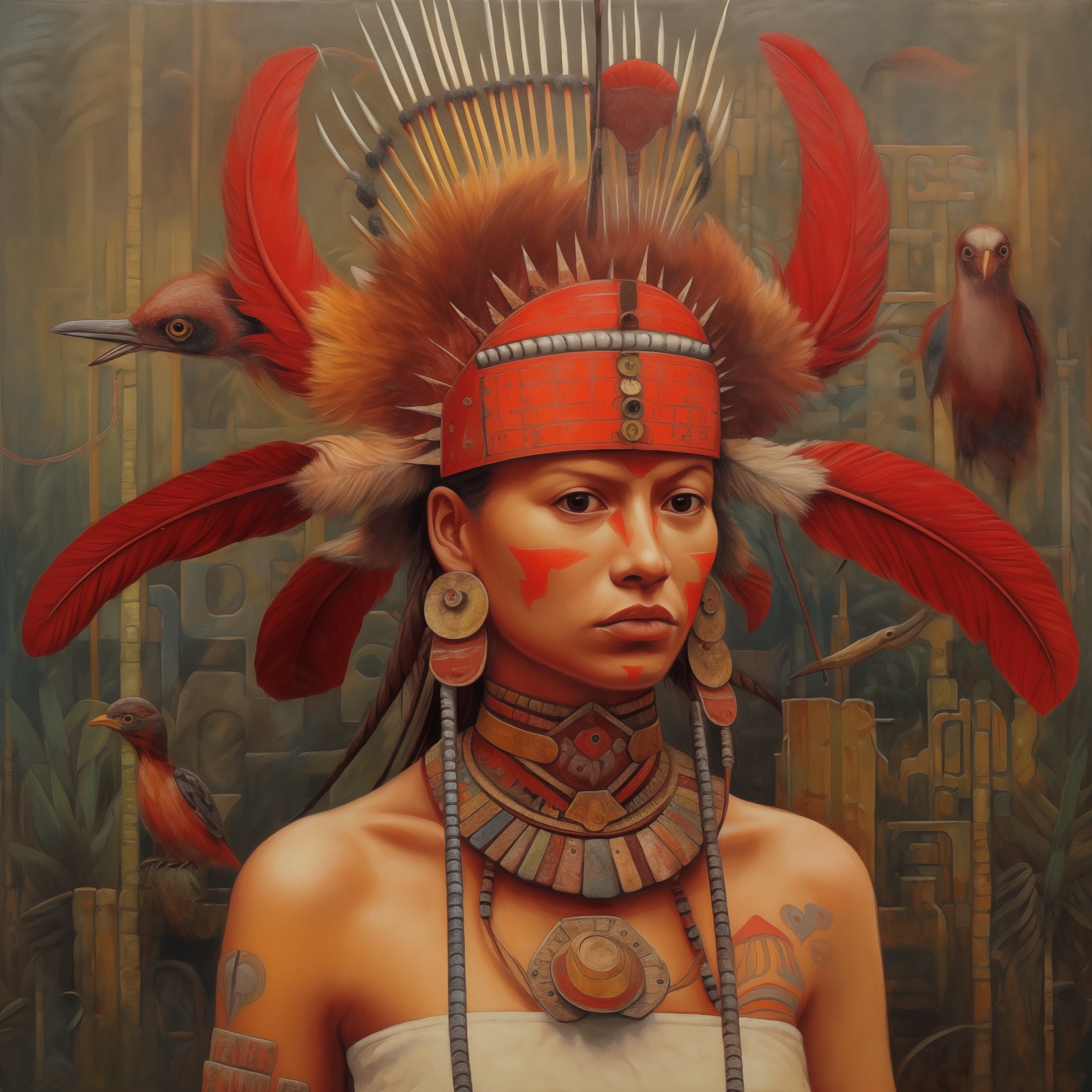A painting-like portrait of a young woman with red facial paint and a large elaborate headdress of red feathers, spines, and a red band. She wears layered geometric stone and metal jewellery around her neck. Three colourful birds surround her against a muted green-brown background with carved geometric patterns. The style is detailed and richly textured.