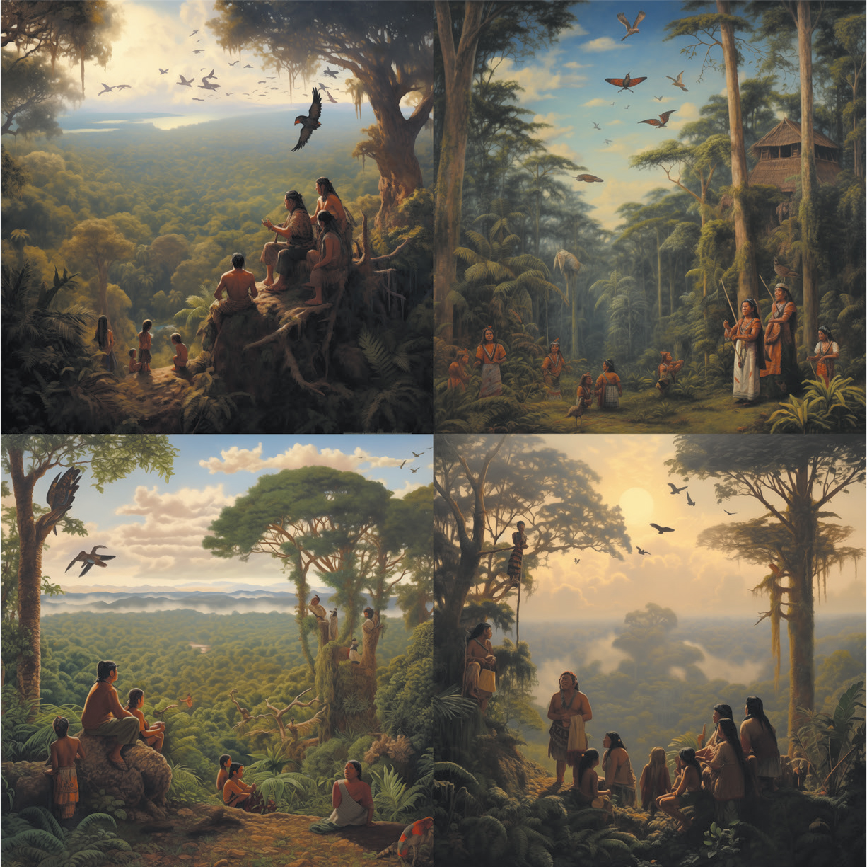 AI-generated grid of four detailed paintings depicting groups of people in a lush rainforest setting. Each scene shows individuals gathered on rocky ledges or in forest clearings, surrounded by towering trees and dense foliage. Birds soar overhead in bright skies, and distant views reveal expansive green canopies stretching toward mountains and rivers. The lighting varies from warm golden tones to soft daylight, emphasising the harmony between people and nature.