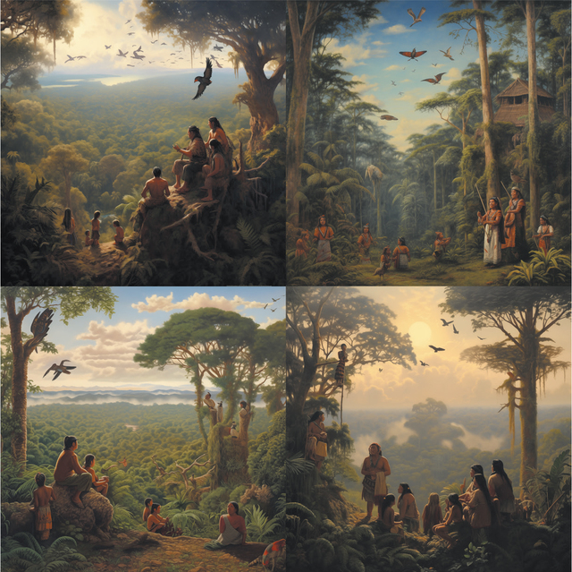 AI-generated grid of four detailed paintings depicting groups of people in a lush rainforest setting. Each scene shows individuals gathered on rocky ledges or in forest clearings, surrounded by towering trees and dense foliage. Birds soar overhead in bright skies, and distant views reveal expansive green canopies stretching toward mountains and rivers. The lighting varies from warm golden tones to soft daylight, emphasising the harmony between people and nature.
