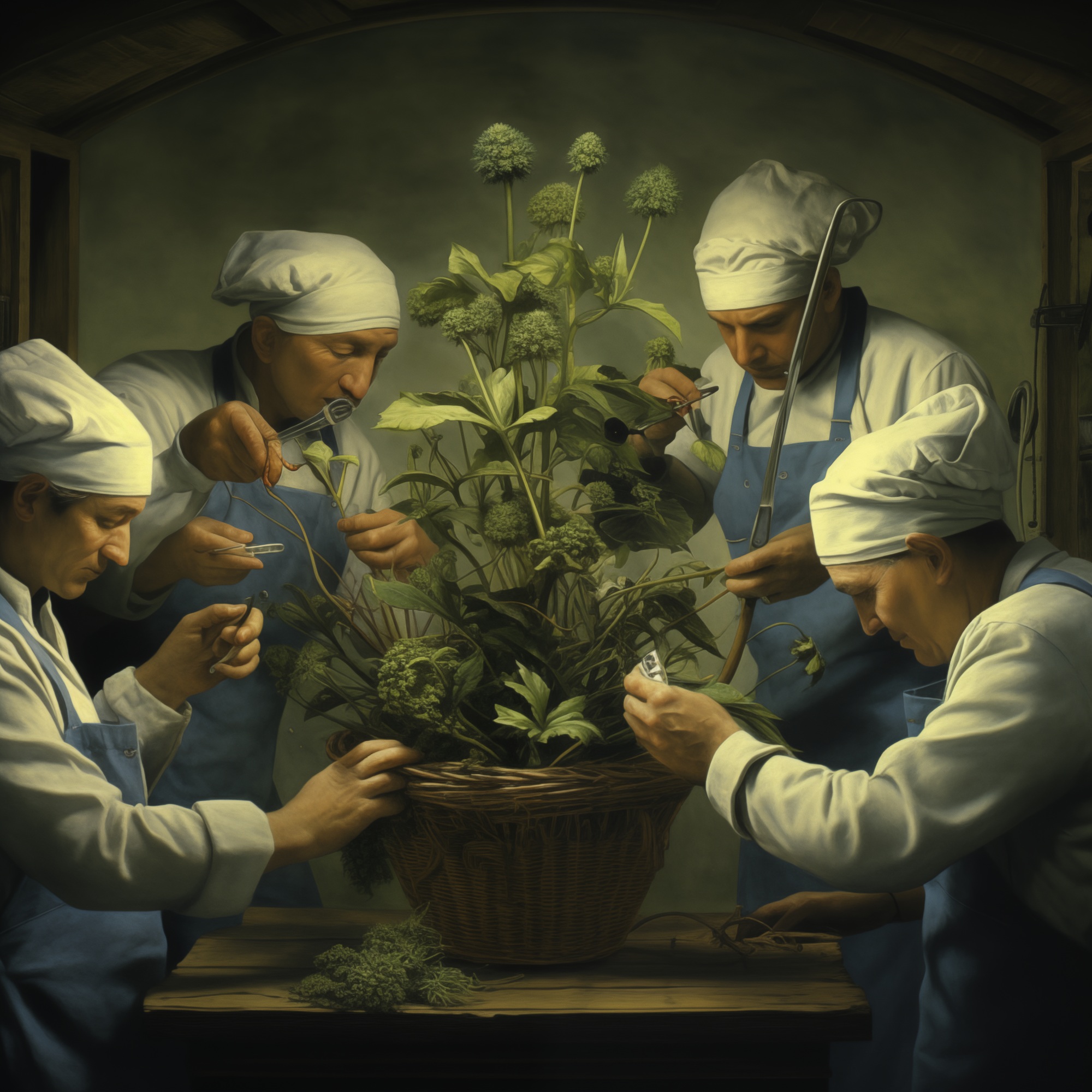 Four figures in white caps and blue aprons gathered around a wicker basket containing a large leafy plant. They examine and tend to the plant with small instruments, as if performing a medical procedure. The painting-like composition and muted green-brown tones recall classical group anatomy scenes.