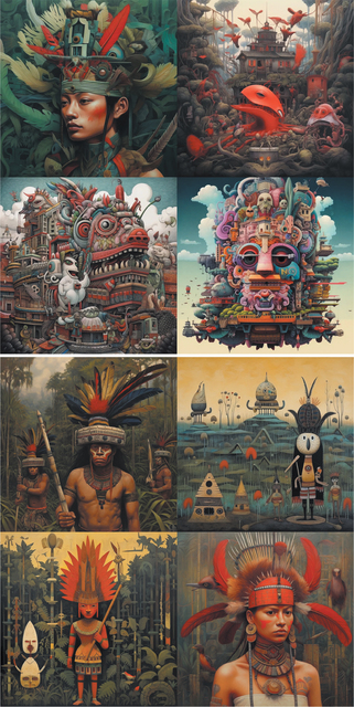 Three sets of four AI-generated images, many of a surreal nature. The top set of images shows illustrations of fantastical structures and hybrid creatures: a figure adorned with feathers and mechanical parts, a dreamlike forest with red mushroom-like forms and fish-like beings, and two chaotic architectural scenes merging animalistic shapes with stacked buildings, floating amid clouds. Style is reminiscent of Japanese manga and anime. The middle set of illustrations and paintings evokes Indigenous themes, with figures wearing elaborate feathered headdresses and ornate jewellery, set against dense forests or stylised landscapes with geometric motifs. Top-left and bottom-right images are reminiscent of colonial era paintings. The male figures in the top-left image are bare-chest apart from large necklaces. The style blends realism and fantasy; earthy greens, warm ochres, deep reds, and muted gold dominate the palette. The bottom set of illustrations presents imaginative portraits of a feminine-looking figure wearing an intricate headpiece made of leaves, mushrooms, fish, and architectural elements, blending organic and aquatic forms. Artistic styles range from surrealism to fantasy realism, with a palette of deep greens, fiery reds, muted golds, and shimmering blues.