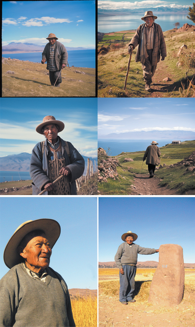 Top image: A set of four AI-generated photographs showing an old Indigenous man walking across high-altitude grasslands near a deep blue lake, with snow-capped mountains in the distance. He is wearing layered, rustic clothing and a wide-brimmed hat, and carrying a wooden walking stick. Each scene captures different angles – front, side, and rear – against expansive landscapes with rocky paths, rolling hills, and open skies. The palette features earthy browns and greens contrasted with vivid blues, creating a serene, natural atmosphere emphasizing isolation and connection to land. Bottom image: Two colour photographs showing an old Indigenous man standing outdoors in a sunlit, open landscape with dry grass and distant hills under a clear blue sky. He is wearing a wide-brimmed hat, a grey sweater over a collared shirt, and loose blue trousers. In the image on the right one arm rests on a large standing stone with a rough, natural texture and reddish-brown colour. The background suggests a high-altitude rural setting.