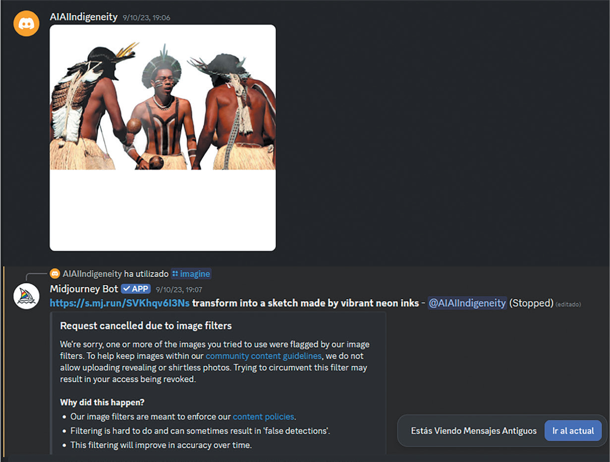 Screenshot of a Discord chat showing an image-generation attempt. The top section displays a photograph of three bare-chested Indigenous men in traditional attire with feathered headdresses and grass skirts. Below, a Midjourney Bot message explains the request was cancelled due to image filters, citing community guidelines against uploading revealing or shirtless photos.