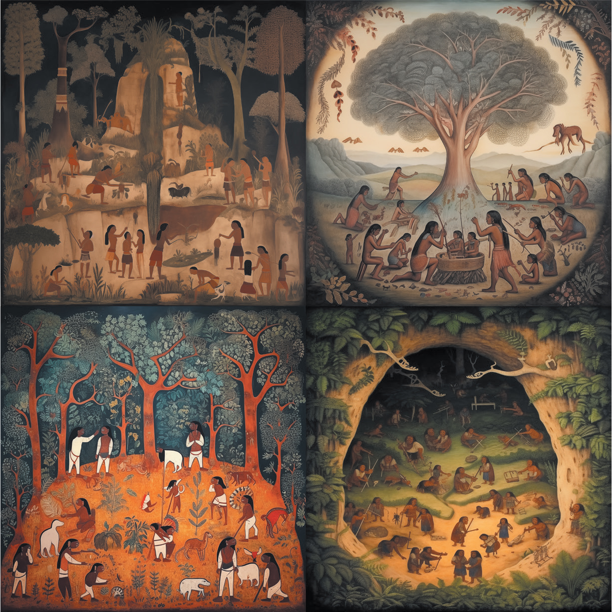 AI-generated grid of four detailed paintings, each depicting scenes of very traditional or ancient Indigenous life in natural settings. Top left shows people gathered near rocky cliffs and tall trees; top right features a large tree with figures seated around it in a circular composition; bottom left portrays a group tending animals in an orange-hued clearing in the forest; bottom right illustrates a cave-like space with people engaged in communal activities, surrounded by lush greenery. Earthy tones dominate, with intricate figures and foliage throughout. Figures often shown bare-chested and wearing loincloths.