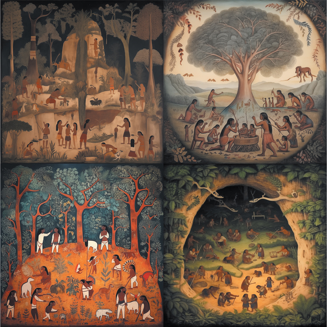 AI-generated grid of four detailed paintings, each depicting scenes of very traditional or ancient Indigenous life in natural settings. Top left shows people gathered near rocky cliffs and tall trees; top right features a large tree with figures seated around it in a circular composition; bottom left portrays a group tending animals in an orange-hued clearing in the forest; bottom right illustrates a cave-like space with people engaged in communal activities, surrounded by lush greenery. Earthy tones dominate, with intricate figures and foliage throughout. Figures often shown bare-chested and wearing loincloths.