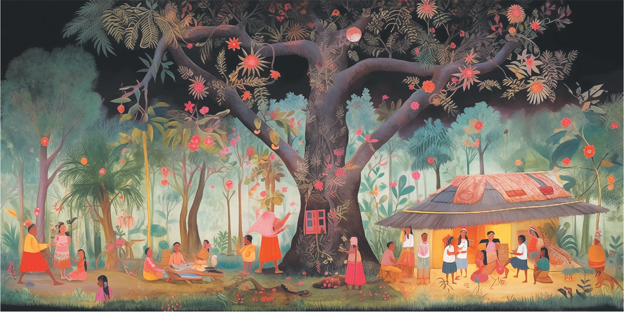 An AI-generated illustration of a forest scene featuring a large, flowering tree at the centre, adorned with colourful blossoms and vines. People are engaged in various activities around the tree and a thatched-roof house at its base, including dancing, weaving, and socializing, creating a lively depiction of community life in nature. The image uses a vibrant, illustrative style reminiscent of folk art, with flat, decorative forms and detailed patterns. The palette is rich and warm, dominated by greens and earthy tones for the forest, contrasted with bright pinks, reds, and oranges for flowers, clothing, and accents, creating a lively, harmonious composition.