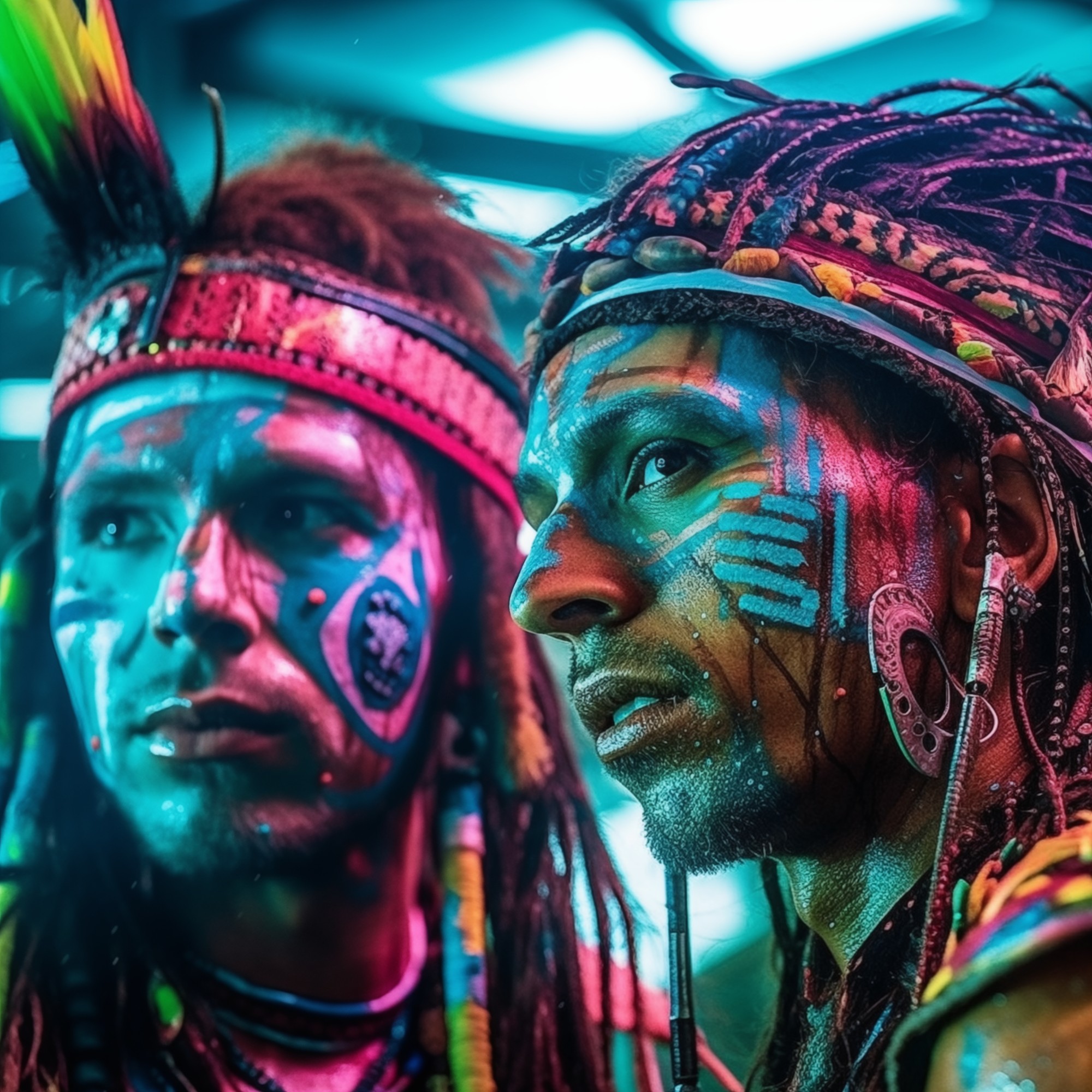 A close-up of two faces with bold geometric facial paint in neon pink, blue, and green. Both wear elaborate headpieces with feathers and braided elements. The lighting is saturated in cyan and magenta tones. The background is blurred but suggests a synthetic or metallic environment rather than a natural one.