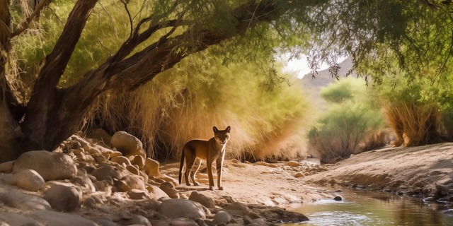 A puma stands on a rocky bank beside a shallow river in dappled sunlight. Trees with fine leaves arch overhead, and scrubby vegetation lines the far bank. The landscape is arid and sunlit, with large pale stones along the water's edge. A hill is faintly visible in the background. The image is photorealistic and wide in format.