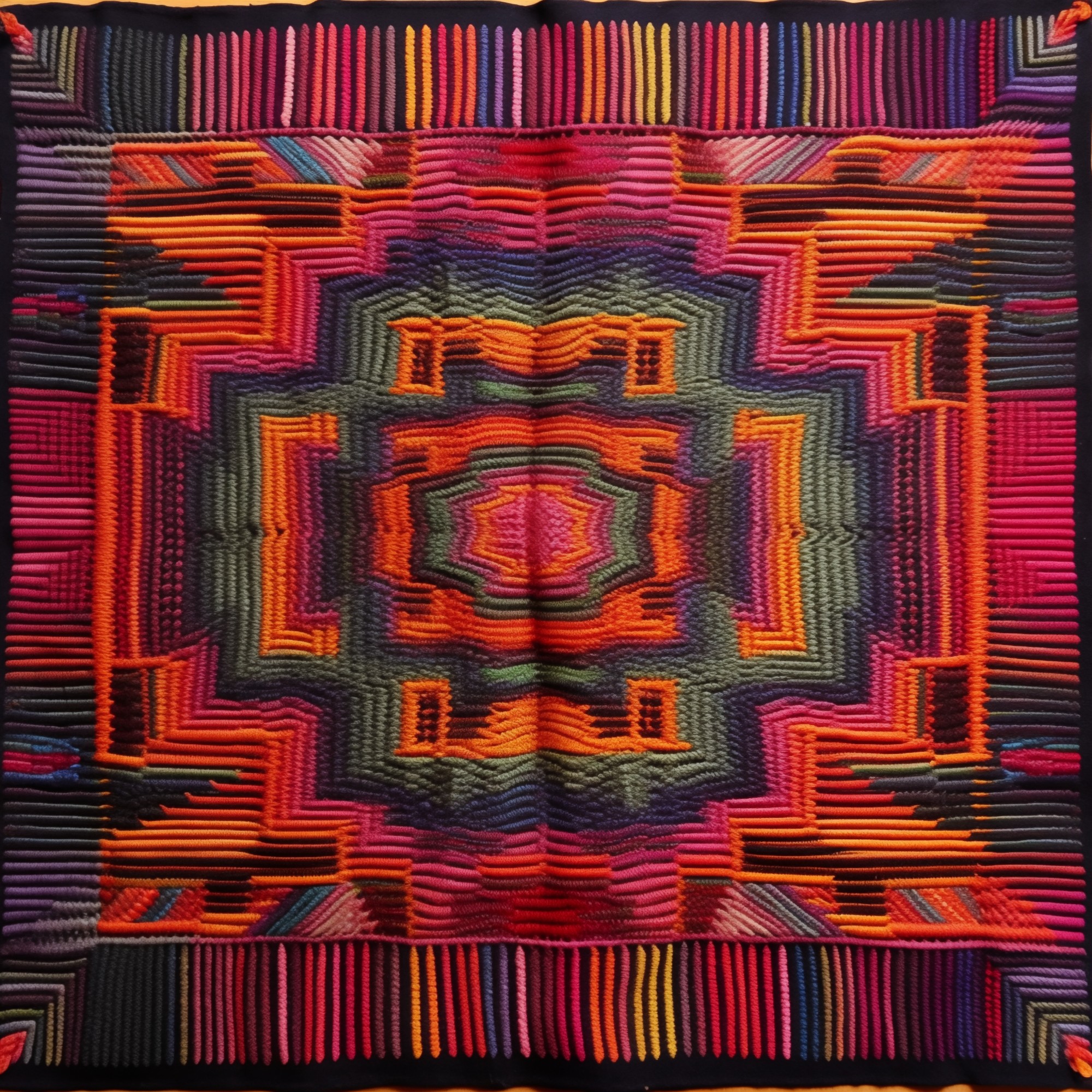 A square symmetrical textile with densely layered geometric patterns radiating from a central motif. The colours are vivid (orange, pink, magenta, green, purple, and black) with a woven texture that suggests both traditional Andean craft and the luminous quality of fibre optics. The pattern is composed of nested angular shapes against a dark border.