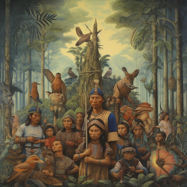 A densely composed painting-like scene of a group of indigenous figures of various ages in a tropical forest, arranged around a central figure holding a staff. Oversized birds and fantastical animal-like beings surround them among lush vegetation. A tall tree trunk rises behind the group against a pale sky. The mural-like composition and muted tones recall classical allegorical painting.